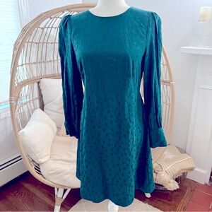 J.Crew Green Jacquard Polka Dot Long Sleeve Mini Dress 6 Puff Shoulder Elegant